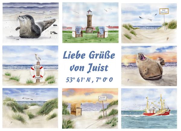 Poster DIN-A3  Aquarell Maritim Kunst Druck Kunstdruck Nordsee Strandkorb Leuchtturm Insel Juist Meer Strand Dünen